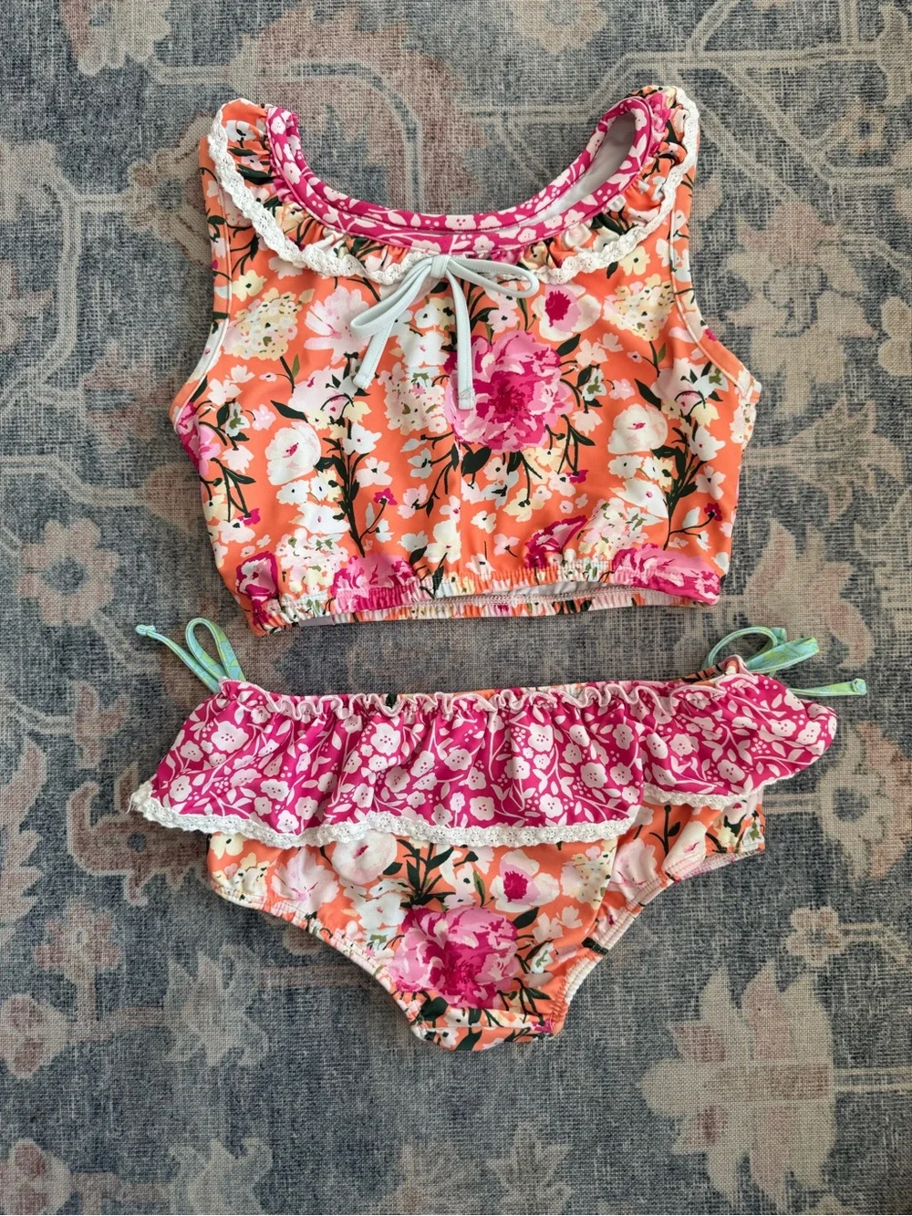 SweetHoney Girls 8Y Floral Two-Piece Swim Set - Coral & Pink
